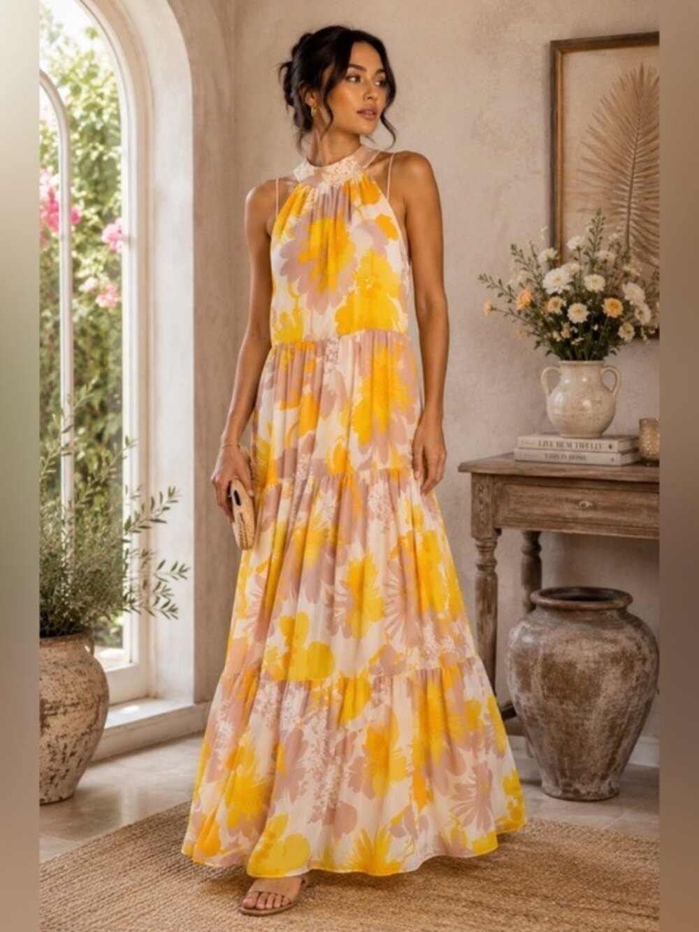 Trina Turk Yellow Sunglasses Floral Halter Tiered Maxi Dress Size 4
